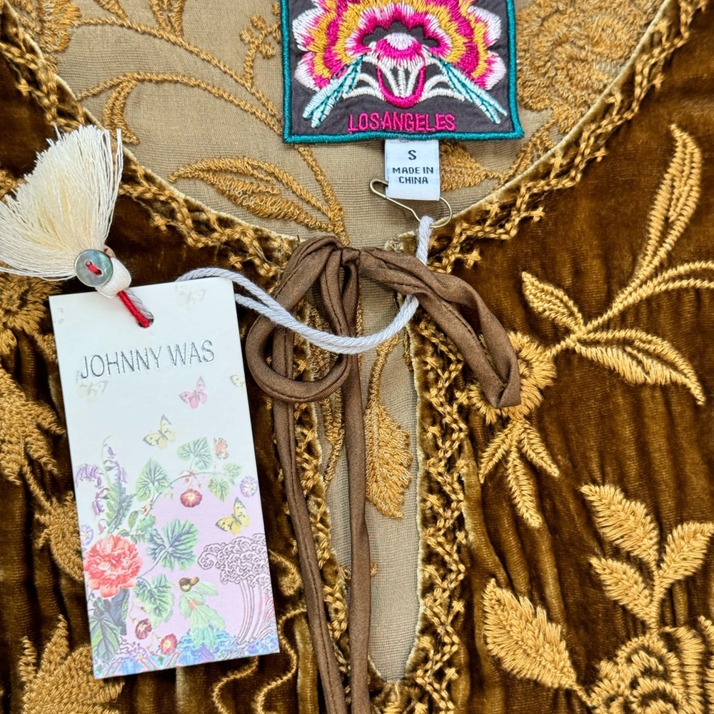 Johnny Was embroidered  Millie Velvet Boho Midi Dress Small Bronze